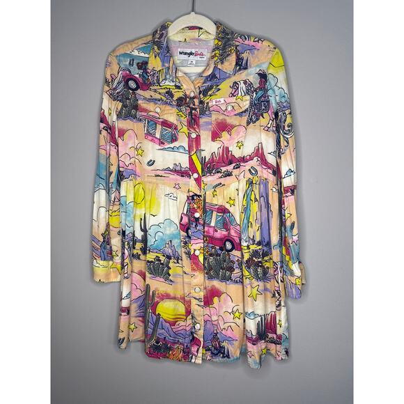 Wrangler Barbie Girls Printed Long Sleeve Snap Dress Medium - Picture 1 of 8
